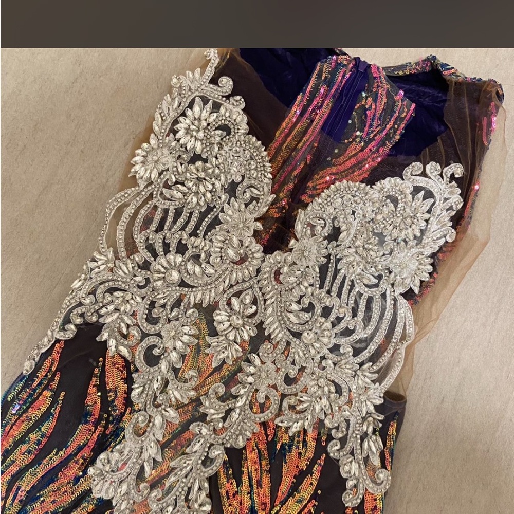 Embellished Multicolor Sequin Prom Dress with Silver Appliqué
